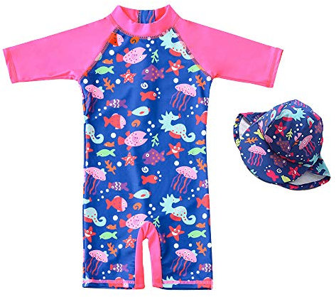 7-Mi Baby Mädchen Badeanzug EIN stück -Kleidung UV-Schutz 50+ Kinder Schwimmanzug Badeanzug MIT Einem Reißverschluss mit Sonnenhut(86-92CM)