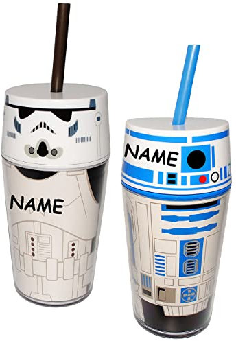 alles-meine.de GmbH 1 Stück Becher/Trinkflasche - Star Wars - Stormtrooper / R2 D2 - incl. Name - 400 ml - mit Strohhalm & Deckel - Becher/Sommerglas - Trinklernbecher ..