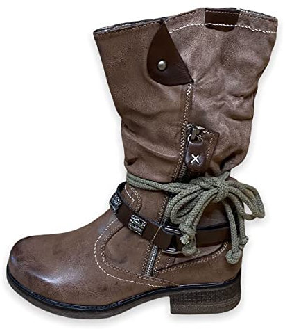 Damen Stiefeletten Biker Boots - Stiefel mit Nieten Schuhe Blockabsatz - bequeme Herbst Winter Frauen Schuhe Schnallen - ST04 (ST873 Khaki, numeric_38)