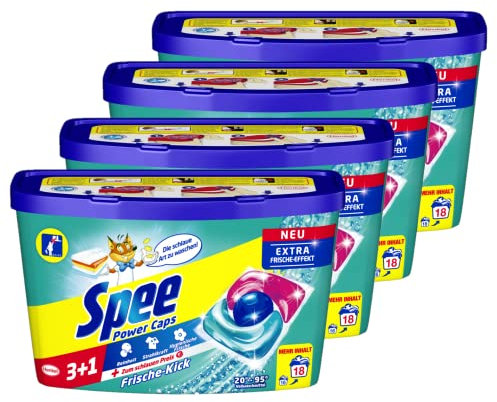 Spee Power Caps 3+1 Frische-Kick, 72 (4 x 18) Waschladungen, Vollwaschmittel für Reinheit, Strahlkraft & hygienische Frische zum schlauen Preis, Waschmittel mit Extra Frische-Effekt, 20–95 °C