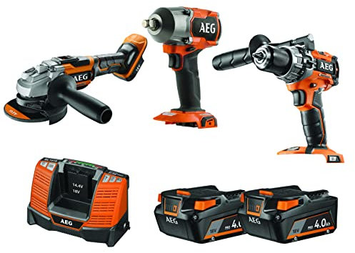 AEG - Pack 3 outils Brushless - Perceuse à percussion 18V, boulonneuse à chocs 18V, meuleuse 125 mm 18V, 2 batteries 4,0 Ah, chargeur, sac de rangement - JP18AA3-402B LK1