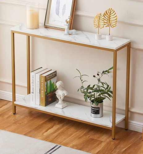 loglus Schmaler Konsolentisch für Eingangsbereich, Faux Marmor MDF Golden Frame Sofatisch mit Ablage für Wohnzimmer Büro Flur