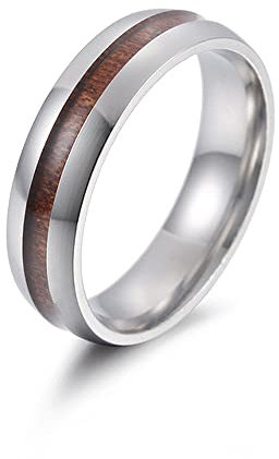 BlackAmazement 316L Edelstahl Ring Holz Maserung Inlay 6mm Größe 52-71 Gold Blau Schwarz Silber Damen Herren (Silber, 63 (20,1))