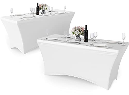 Granbest Pack von 2 Fitted 6FT Spandex Tischdecke Dehnen Rechteckige Tischdecke mit Hohem Elastik für Partei, Bankett, Hochzeitsereignis, Ausstellung, Freien (6ft,Weiß)