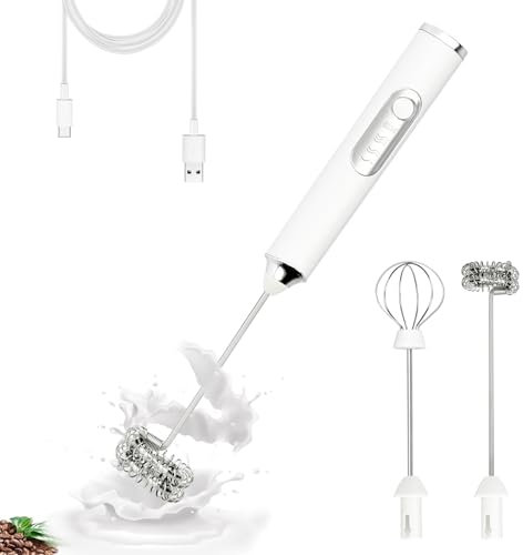 Electric Double Whisk Milk Frother Handheld White USB Rechargeable Drink Mixer, 3 Speeds Adjustable Electric Whisk Foam Maker Detachable for Coffee, Lattes, Matcha, Hot Chocolate