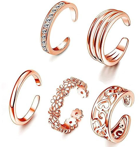 LEEQBCR - 5 Pcs Zehenring aus 925 Sterling Silber, offener verstellbarer Bandring, Damen, Ring, Schmuck (Roségold)