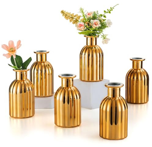 Inweder Lot de 6 petits vases en verre pour décoration de table de Noël - Vintage - Bouteilles en verre côtelé - Décoration de mariage - Décoration de table - Plante - Station de propagation -