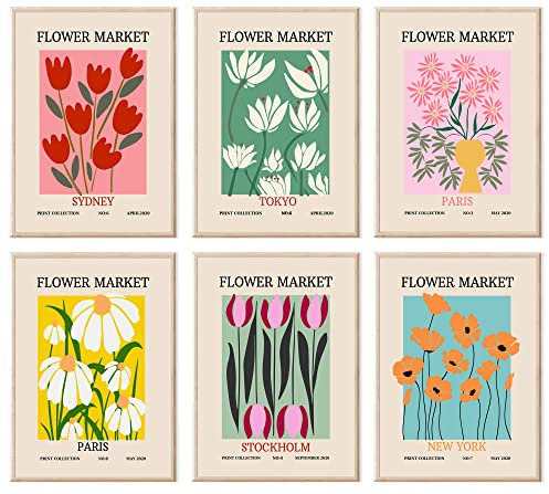 Blumenmarkt-Poster, minimalistische Blumenmarkt-Wandkunstdrucke, Vintage-Blumenmarktdrucke mit Stadtnamen für Zimmer, ästhetisch, Blumenbilder, Wanddekoration, abstrakte Leinwand, Blumenmalerei, 6