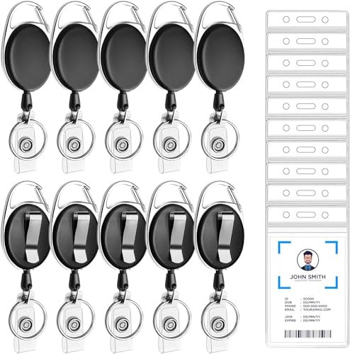 Lot de 10 porte-badges robustes avec porte-carte d'identité vertical transparent, porte-badge rétractable avec mousqueton et anneau porte-clés pour travailleurs, employés, affaires, école, bureau