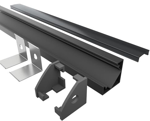 Tivendis Led Alu Profil 2 m E45 Komplett Set für Strip/Streifen bis 12 mm breit | Abdeckung schwarz, Endkappen, Befestigungclips | L-Form Winkel Ecke Winkelprofil Eckprofil eloxiert