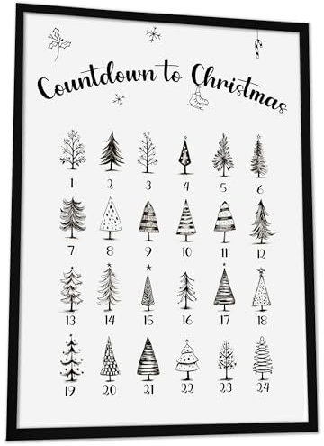 JUHMI Adventskalender Poster Countdown to Christmas, A3 (30x42 cm) Weihnachtsdeko Kalender zum Abstreichen, Wohnzimmer Wanddeko, Schlafzimmer, Küche Dekoration, mit und ohne Rahmen