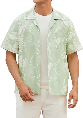 HISDERN Mens Hawaiian Shirts Casual Summer Short Sleeve Shirt Cuban Collar Palm Leaf Print for Beach Holiday Green S