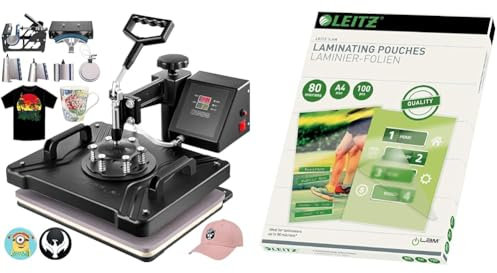 VEVOR Transferpresse Hitzepresse 38x30cm Textilpresse T-Shirt Heat Press 360 Grad Schwenkbar 8 in 1 & Leitz Heißlaminierfolien A4 80 mic