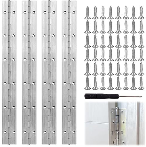 Piano Hinge 30cm Continuous Metal Piano Hinge Stainless Steel Long Hinge with Holes Piano Hinges for Boats Furniture Doors 4 Pieces, with Screws and Screwdriver