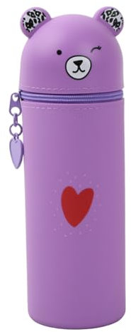 Cute Bear Style Stand Up Pencil Case in Soft Silicone - Large Capacity Storage Pouch Holder for Kids Students Adults School Office (Purple)