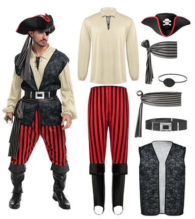 Spooktacular Creations Men Pirate Costume, Adult Khaki Pirate Shirt Vest Viking Pants Hat Accessories Set for Halloween Themed Trick or Treating Cosplay Parties