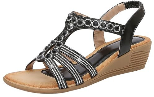 Damen-Römersandalen mit Strasssteinen, Sommer-Ethno-Stil, offener Zehenbereich, dicker Boden, Slope-Absatz, Damenschuhe Damen Schuhe Klein (Black, 42)