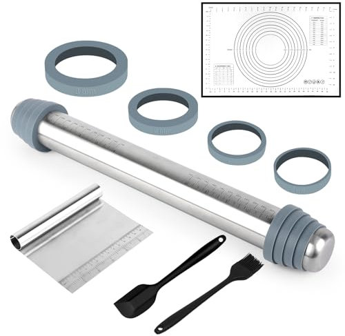 Rouleau à Pâtisserie Antiadhésif, Rouleau à Pâtisserie en Acier Inoxydable, avec Anneaux Amovibles, Tapis de Cuisson en Silicone et Grattoir pour Pâtisserie à Rouler Pâte