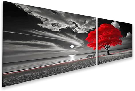 islandburner Bild auf Leinwand Roter Baum an einem mondhellen Strand in Schwarz-Weiß Bilder Wandbilder Poster