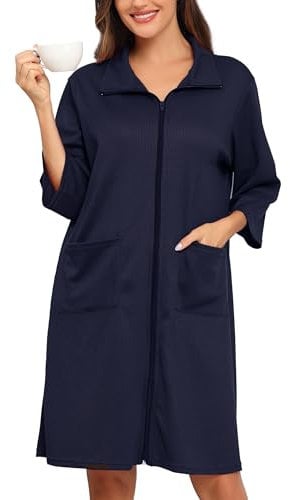 Lovasy Women's Zip Robes Waffle Dressing Gowns for Women UK 3/4 Sleeve Bathrobe Summer Ladies Dressing Gowns Lightweight Knee Length Housecoat with Pockets,Navy Blue,XXL