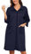 Lovasy Bademantel Waffelpique Damen mit Reissverschluss 3/4 Ärmel Waffelstrick Leichter Morgenmantel Knielang mit Taschen,Marineblau,XXL