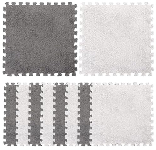 Foam Floor Tiles Plush Foam Floor Mat Square Interlocking Carpet Grey White Foam Tiles Fluffy Baby Play Mat Climbing for Nursery Room Decor 10 Pcs 11.8x11.8 Inch