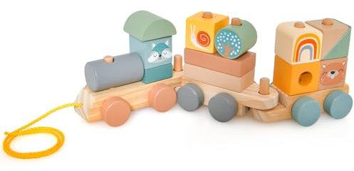 GYMAX Set di Trenino Giocattolo in Legno Impilabile, Trenino con 2 Vagoni, Locomotiva Scorrevole, 4 Adorabili Animali e 10 Blocchi Colorati, Giocattolo Educativo per Bambini 3+ Anni