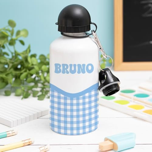 Transparent Gift Botella de Agua Infantil Personalizada con Nombre Cuadros Niño y Niña Colegio. Cantimplora Niños y Niñas. Regalo Original de Cumpleaños y Vuelta al Cole. Aluminio con Tapón y Pajita