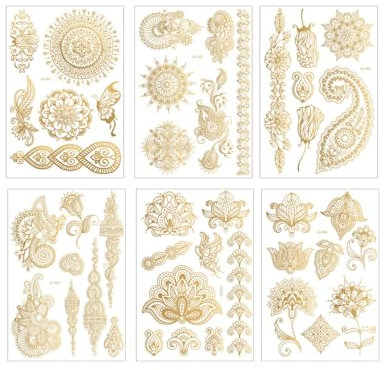 TPZORJX 6 grandes feuilles tatouages ​​éphémères dorés - Accessoires festival accessoires festival métalliques accessoires fête femmes filles tatouages ​​adhésifs pour la peau adultes Halloween