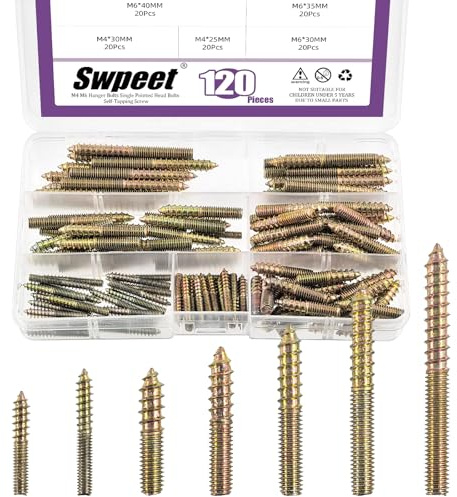 Swpeet 120Pcs 7 Sizes Color Zinc Hanger Bolts Assortment Kit, Double Headed Bolts, Self-Tapping Screw Hanger Bolts, Dowel Screw Bolts Threaded Rods Bolt Furniture Screws for Wood Furniture Joint