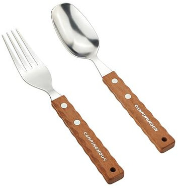 Campingmoon Göffel 304 Edelstahl Gabeln und Löffel 2-Piece Set Massivholzgriff Campingbesteck