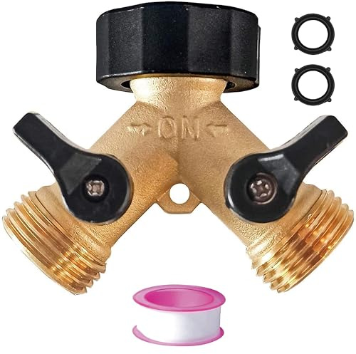 Tap Connector 3/4, Garden Hose Splitter 2 Way - Heavy Duty Metal Water Hose with Long Handle Shut Off Valves 3/4 Inch Double Y Connector Faucet Splitter for Outdoor Gardening， Watering