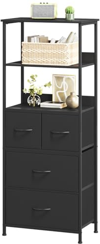 Somdot 5-Tier Bookcase with 4 Drawers, Freestanding Bookshelf, Black | Removable Fabric Drawers, Shelving Unit for Living Room, Bedroom, Home Office, Open Storage Shelf Organiser, Metal Frame