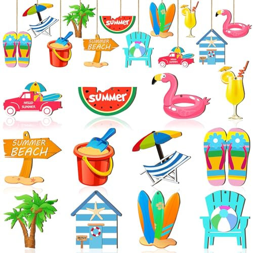 DIELOVEHUA Sommerschmuck aus Holz, 12 Stück zum Aufhängen, für Pool am Strand, bunte Hawaii-Dekorationen, tropische Strand-Partys (C)