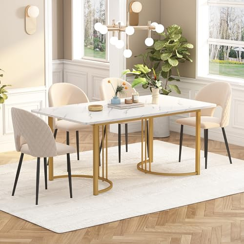 boorbin Essgruppe,(Set,140×80cm Esstisch mit 4 Stühlen), Moderner Küchentisch Set, Samt Esszimmerstuhl Mit Diamantmuster,Verstellbare Stuhlbeine,Samt,MDF Tischplatte (Weiß+Gold+Beige)