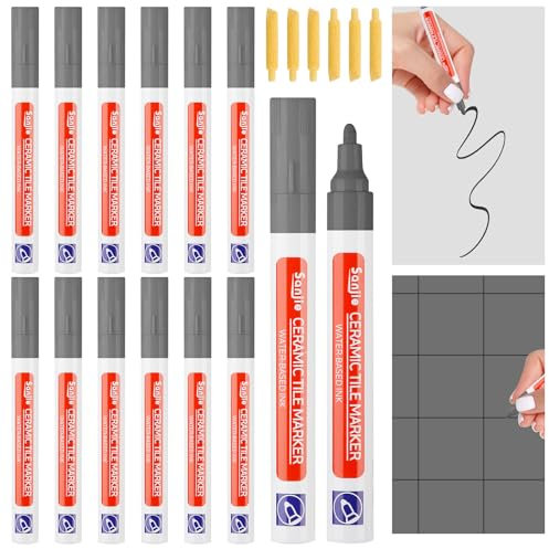 Sinofort Dark Grey Grout Pen,12PCS Tile Pen for Tiles Bathroom,Marker with Replacement Nib, Tiles Grout Pen,for Restoring Tile Grout Wall Floor Bathroom Kitchen and Floor Tiles