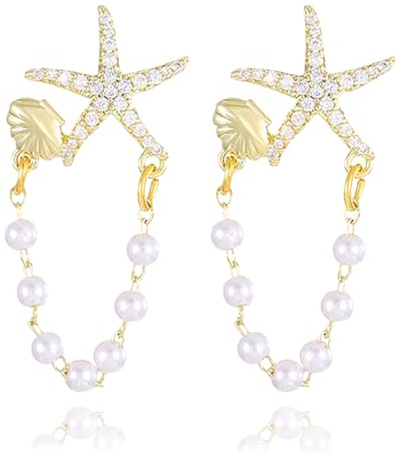 Boucles D'oreilles en Perles D'étoile de Mer Femmes, Exquis Boucle D'oreille Étoile de Mer or D'été, Élégant Boucles D'oreilles Pendantes Perles pour Vacances, Vie Quotidienne, Fête, Mariages (Or-A)