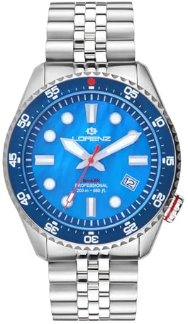 Lorenz - Automatische Sportuhr für Herren - Modell Shark V 030255MP - Professionelle Uhr mit Stahlarmband Wasserdicht bis 200 Meter - Box mit Ersatzgummiband, blau, Modern