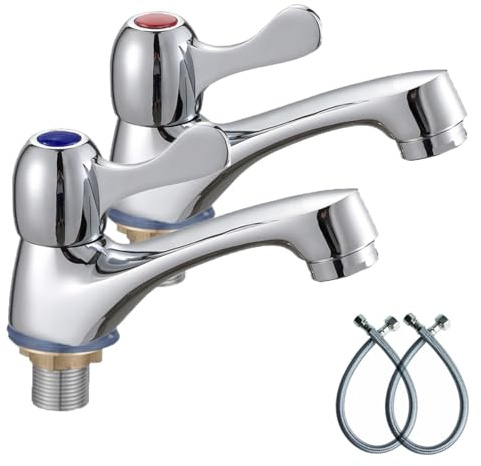 Grifos de pilar para lavabo de baño, juego tradicional de dos grifos de agua fría y caliente, cromo pulido, set de 2