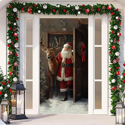 Weihnachten Tür Abdeckung Dekoration Weihnachtsmann Weihnachtsbaum Hintergrund Tür Hängen Weihnachten Deko Weihnachtsdeko Tür Aussen Weihnachtsdeko Banner für Outdoor Haus Hof Deko (L, 200x90cm)