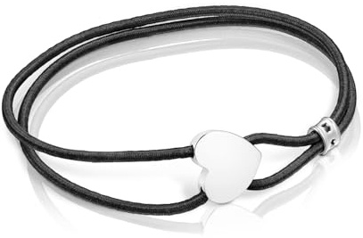 TOUS Pulsera Elástica Negra para Mujer con Motivo de Corazón de Plata de Primera Ley, Colección Sweet Dolls