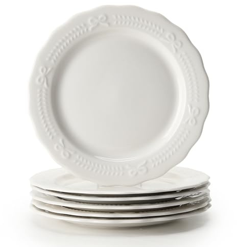 ZPPLD 6 Pack Ceramic Dinner Plates 20cm, White Embossed Dessert Plates, Vintage Style Side Plates, Dishwasher & Microwave Safe, Round Serving Plates for Pasta Salad Breakfast