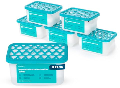 LIVIVO 500ml Disposable Dehumidifiers - 5 Pack Moisture Absorber & Damp Trap for Damp, Mould and Condensation - Ideal for Home, Kitchen, Wardrobe, Caravan, Garage and Bathroom