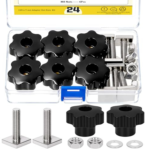 Mardatt 6 bulloni M8 a T e pomelli a stella, in acciaio inox, con pomelli a stella, dadi esagonali e rondelle per supporti per binari e box da tetto