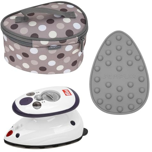 SEMPLIX Prym Mini-Bügeleisen Bundle – Kompaktes Set mit Mini-Dampfbügeleisen, Silikonablage & Reisebügeleisentasche,ideal für Nähen & Quilten, Design Polka Dots (gray/stone)