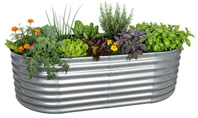 Relaxdays Hochbeet, verzinktes Metall, Blumen, Pflanzen & Gemüse, HxBxT: 60 x 200 x 100 cm, ovales Pflanzenbeet, Silber