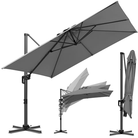 ISOISL 300 x 300 cm Sonnenschirm Ampelschirm Groß Sonnenschutz UV50+ 360° Drehbar und Kippbar Gartenschirm mit Kurbe,Terrassenschirm Gestell Aluminium,Marktschirm für Garten,Terrasse,Anthrazit