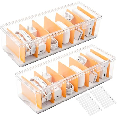 2 Kabelboxen mit Deckel, Transparent, Mit Fächern, Für Schreibtisch | 2 Stück,Mit Deckel,Transparent,Kunststoff,20 Kabelbinder,7 Verstellbare Fächer,Für Kabel,Ladekabel,Büro,Zuhause,Schreibtisch