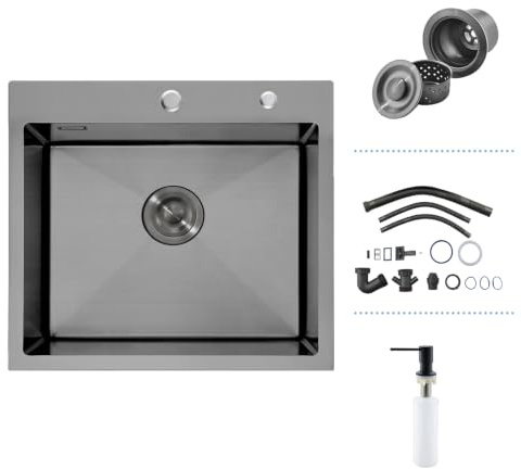 50×45cm Fregadero Cocina Negro Gris, Fregadero Cocina 1 Seno sobre Encimera ou Empotrado, Fregadero Negro 1 Seno Inox con Desbordamiento y Sifon, Dosificador de Jabón