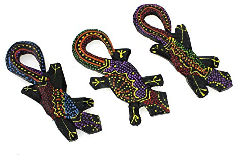 TEMPELWELT Deko Figur Gecko mit Magnet im 3er Set, Albesia Holz dotpainting punktbemalt bunt, 10cm lang, Holzfigur Echse Kühlschrankmagnet, Kunsthandwerk aus Bali handgefertigt